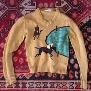 Mustard color vintage horse racing v-neck sweater
